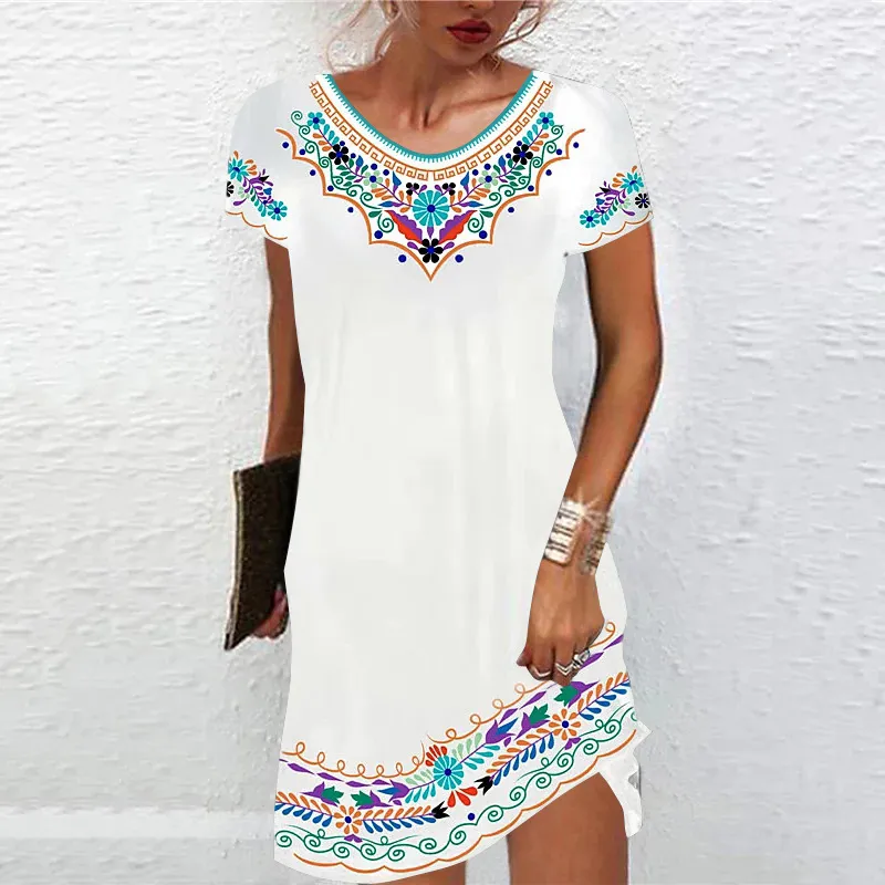 Women's Ethnic Style Long Skirt Short Sleeve Printed Dress