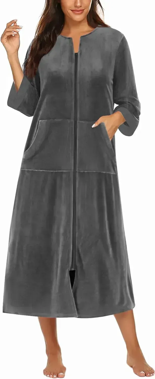 Women Zipper Robe 3/4 Sleeves Loungewear Dress Full Length Sleepwear Pockets Housecoat Nightgown Long Bathrobe
