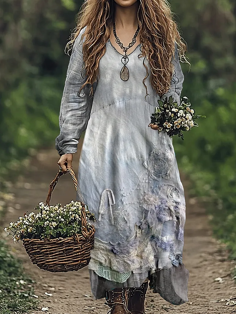 Retro Floral Embroidery Art Linen Blend Maxi Dress