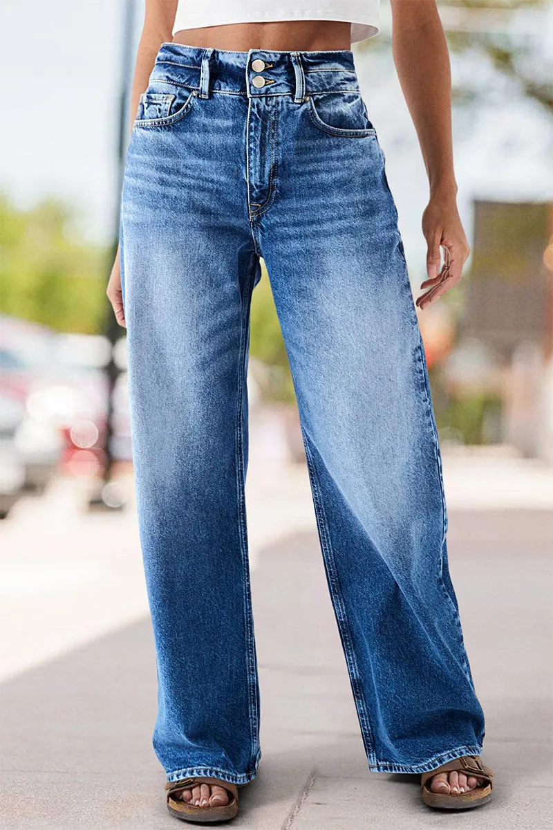Double Button Wash High Waist Straight Leg Jeans