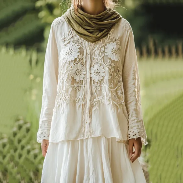 Women's Retro Floral Lace Embroidery Art Long Sleeve Casual Shirt