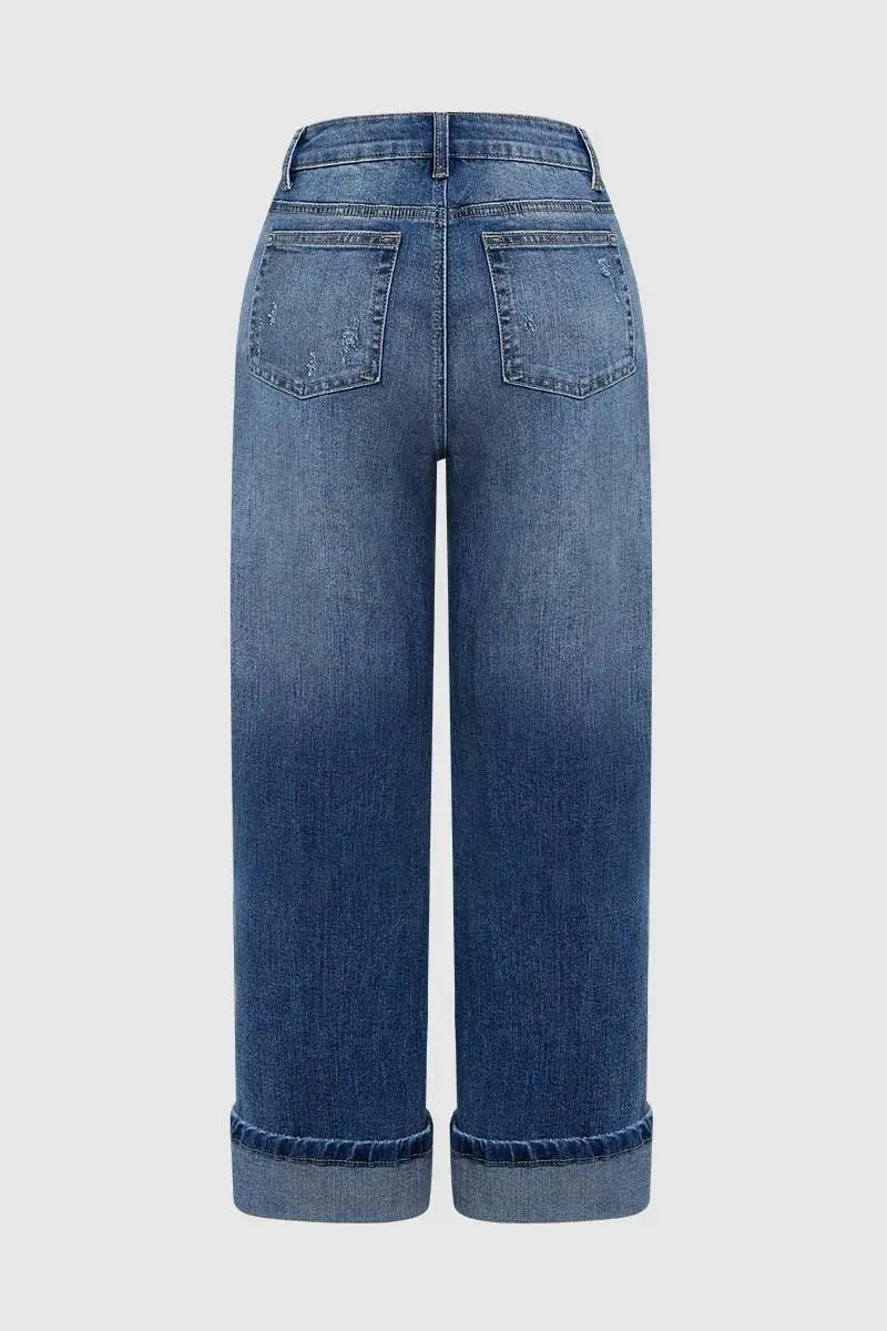 Wash Ripped Roll Hem High Rise Straight Leg Jeans Without Belt