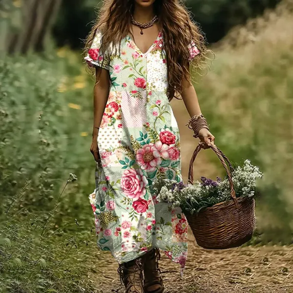 Women's Bohemian Floral Print Short Sleeve Dress