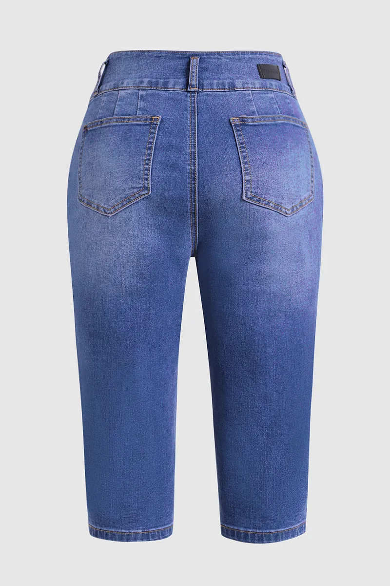 Button Fly Wash High Stretch High Waist Capri Jeans