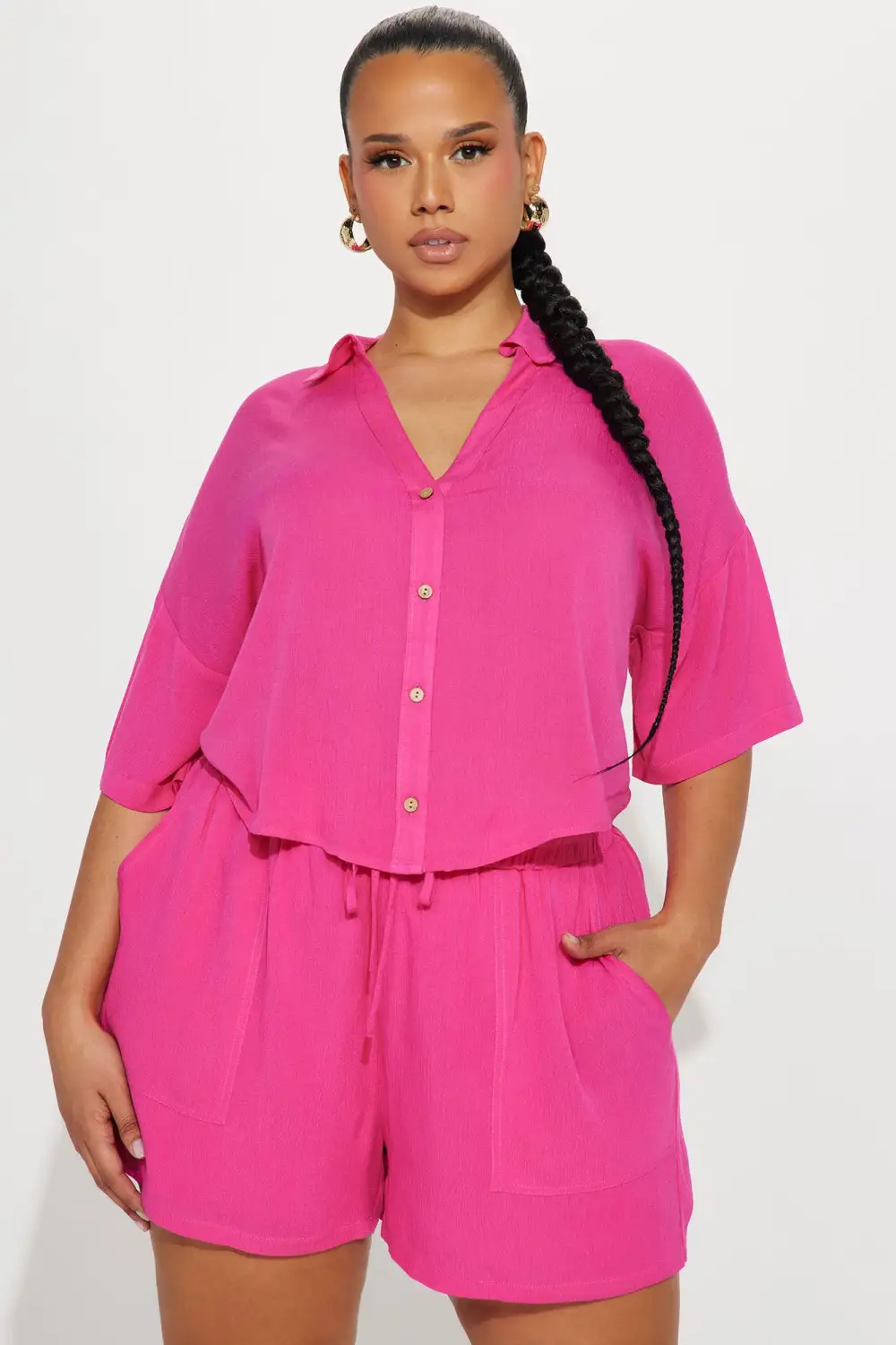 By The Coast Gauze Short Set - Hot Pink