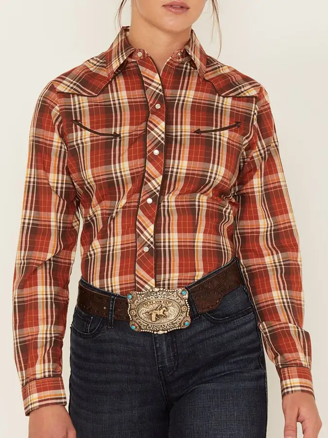 Women's Vintage Western Art Print Casual Linen Shirt