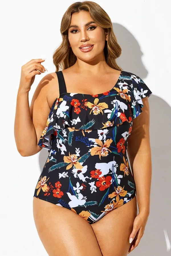 Black Floral Print Asymmetric One Piece Swimsuit