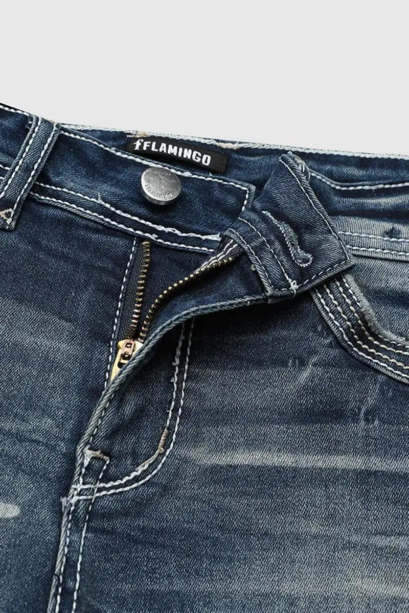 Wash Rhinestone Decor Flap Pocket Low Waist Denim Shorts