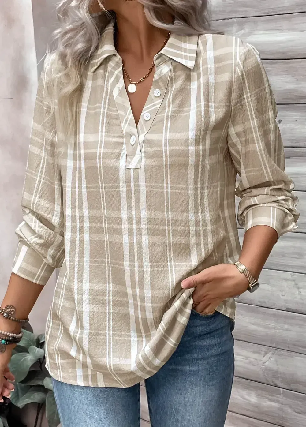 Light Coffee Button Plaid Long Sleeve Shirt Collar Blouse