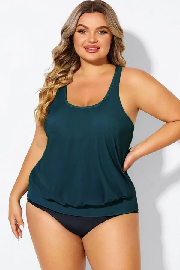 Green Racerback Tummy Control Blouson Tankini Top
