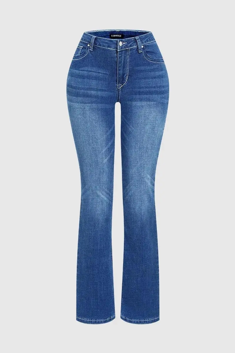 Wash Baroque Embroidery Mid Rise Bootcut Jeans Without Belt