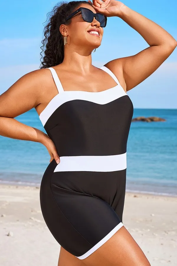 Plus Size Colorblock Black & White One Piece Swimsuit