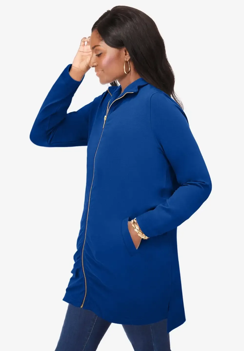 Stretch Cotton Zip Front Hi-Low Jacket