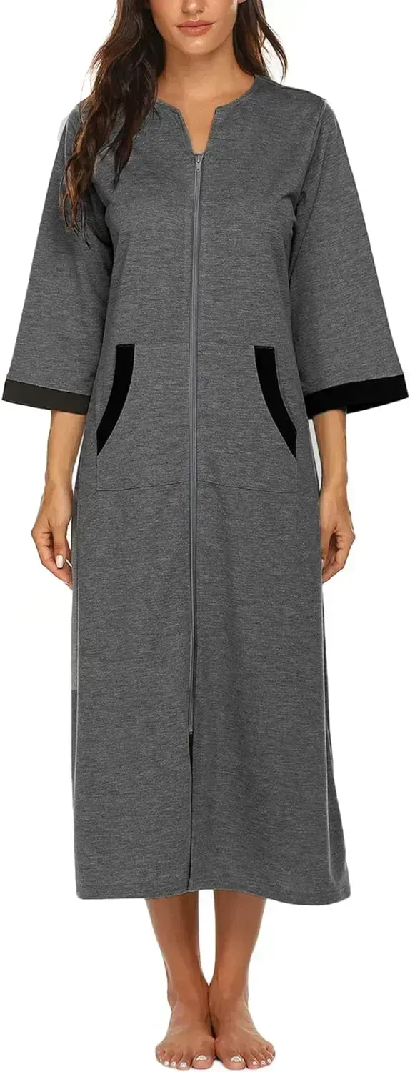 Women Zipper Robe 3/4 Sleeves Loungewear Dress Full Length Sleepwear Pockets Housecoat Nightgown Long Bathrobe