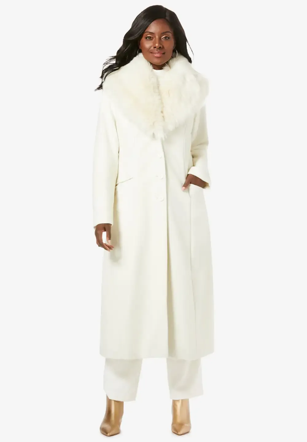 Long Wool-Blend Coat with Faux Fur Collar