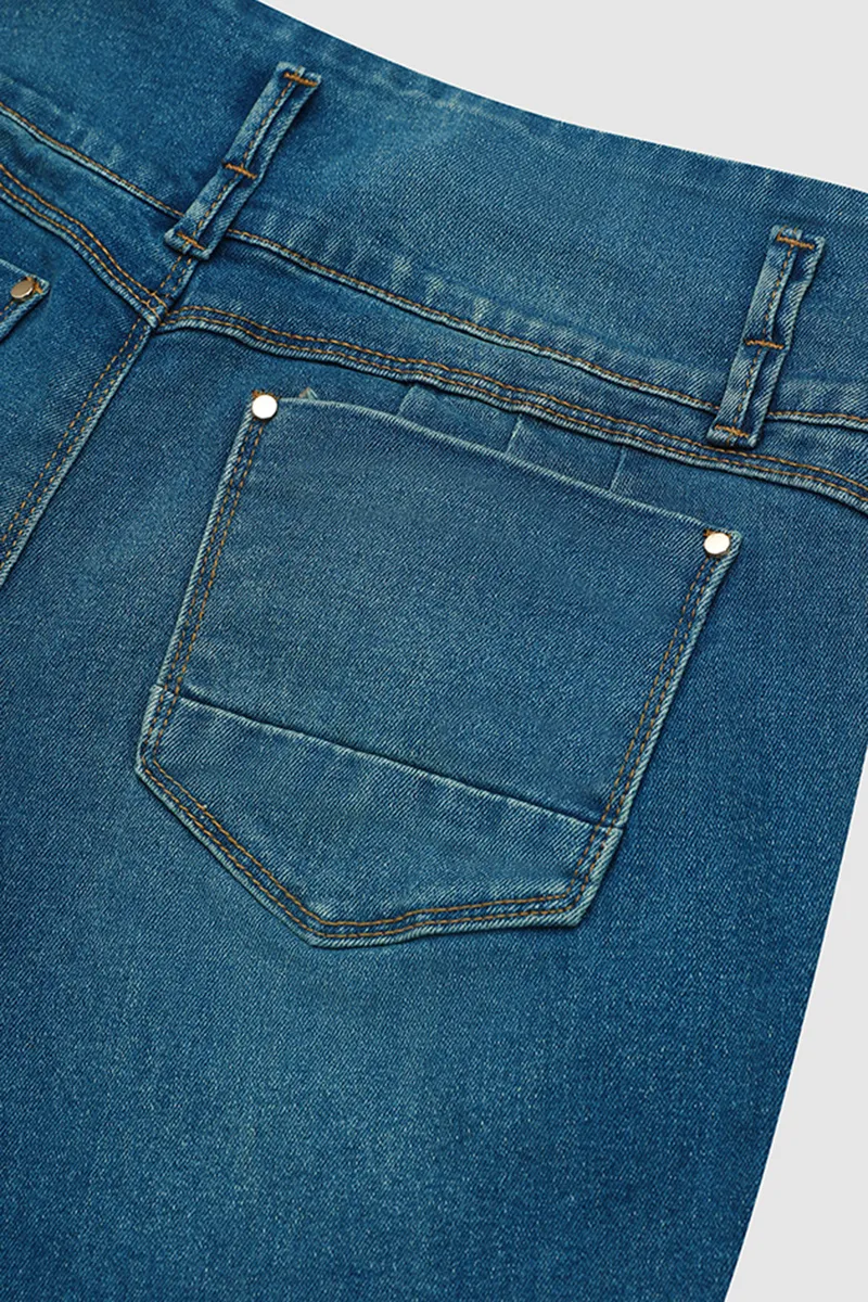 Button Fly Wash High Stretch Mid Waist Capri Jeans