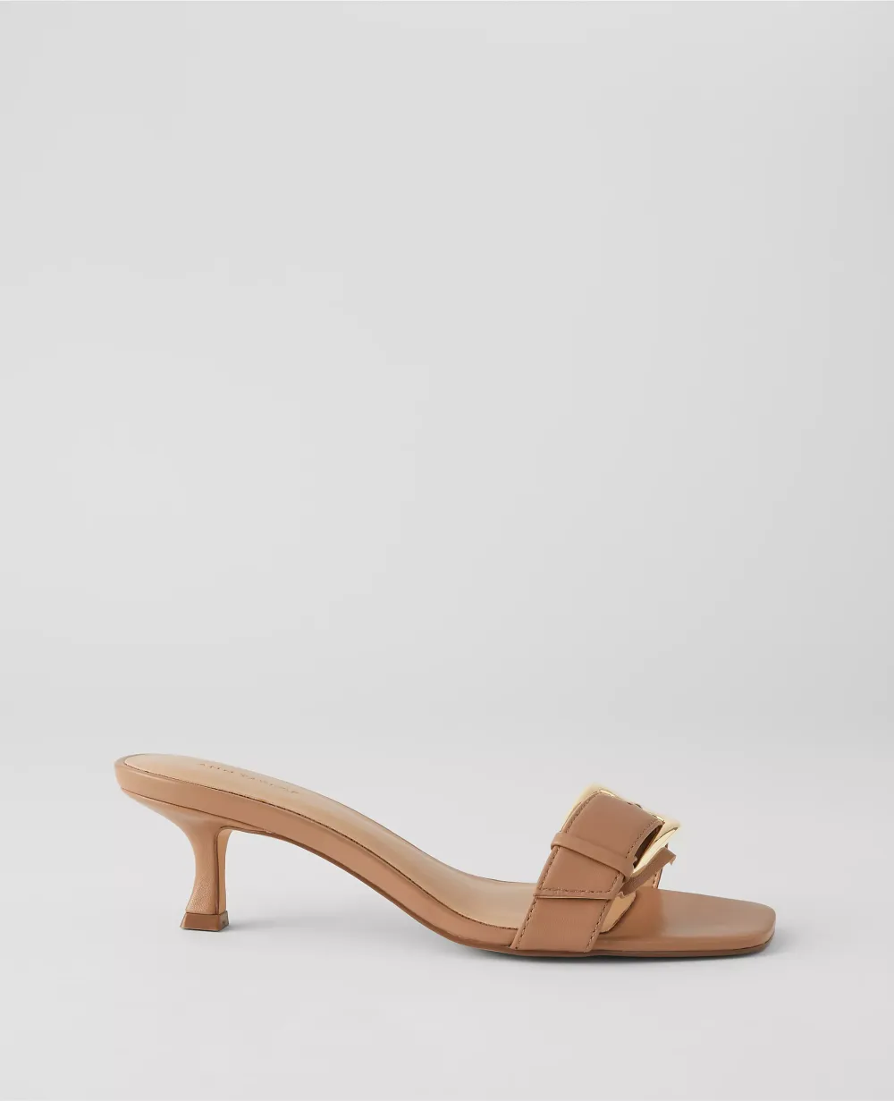 Chunky Buckle Leather Kitten Heel Sandals