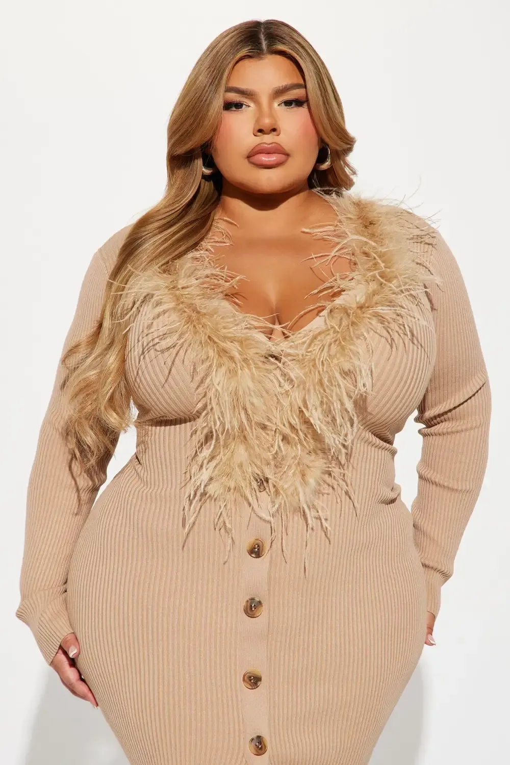 Casey Ribbed Feather Midi Dress - Taupe
