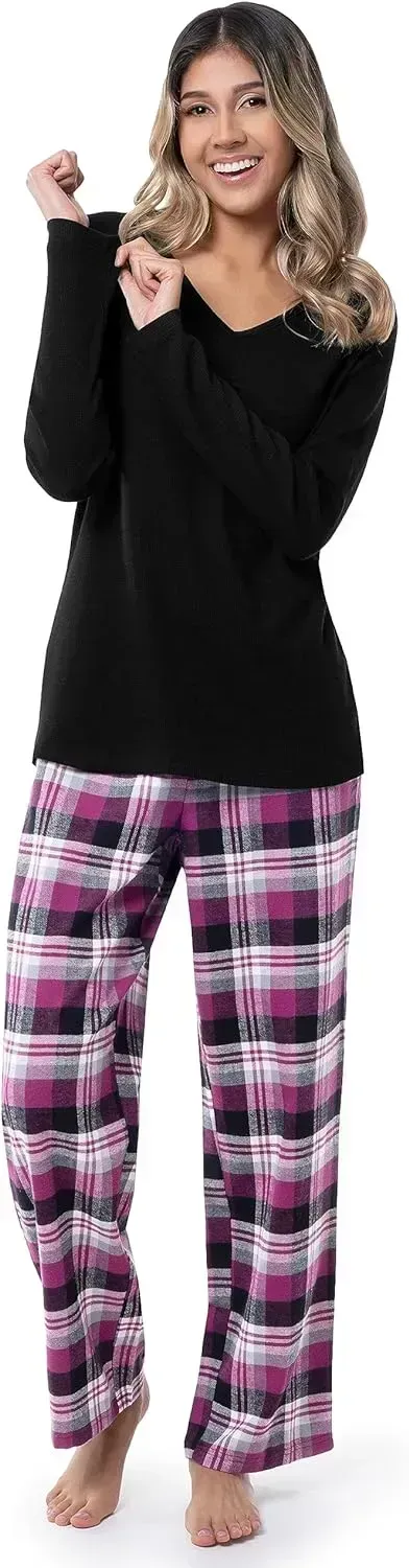 Fruit of the Loom Women's Waffle V-Neck Top and Flannel Pant Sleep Set