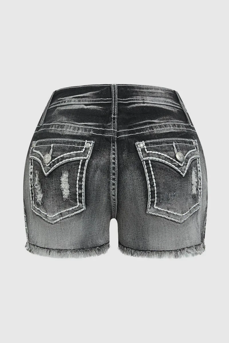 Star & Striped Embroidered Ripped Raw Hem Denim Shorts