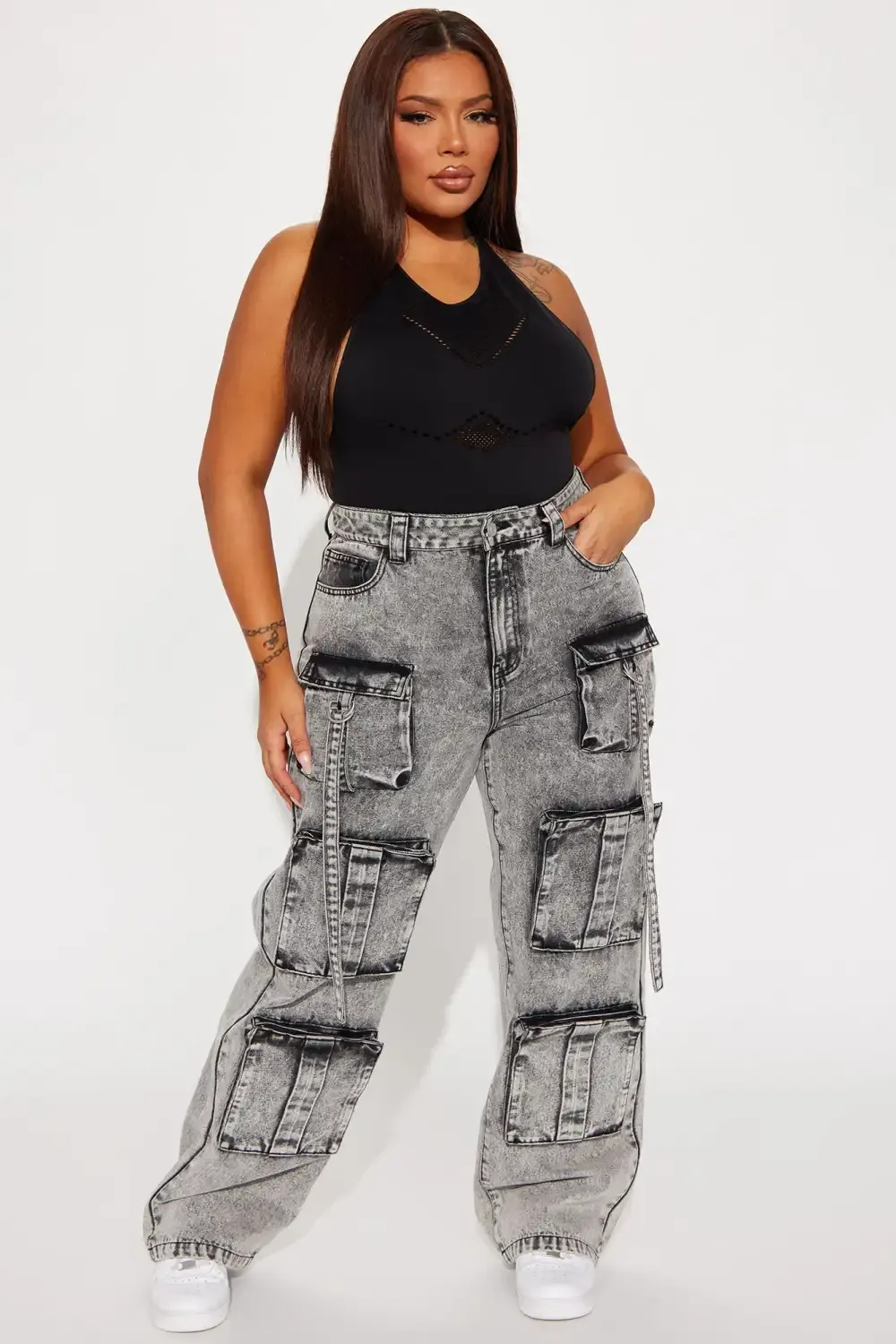 Somehow Somewhere Non Stretch Cargo Straight Leg Jeans - Acid Wash Grey