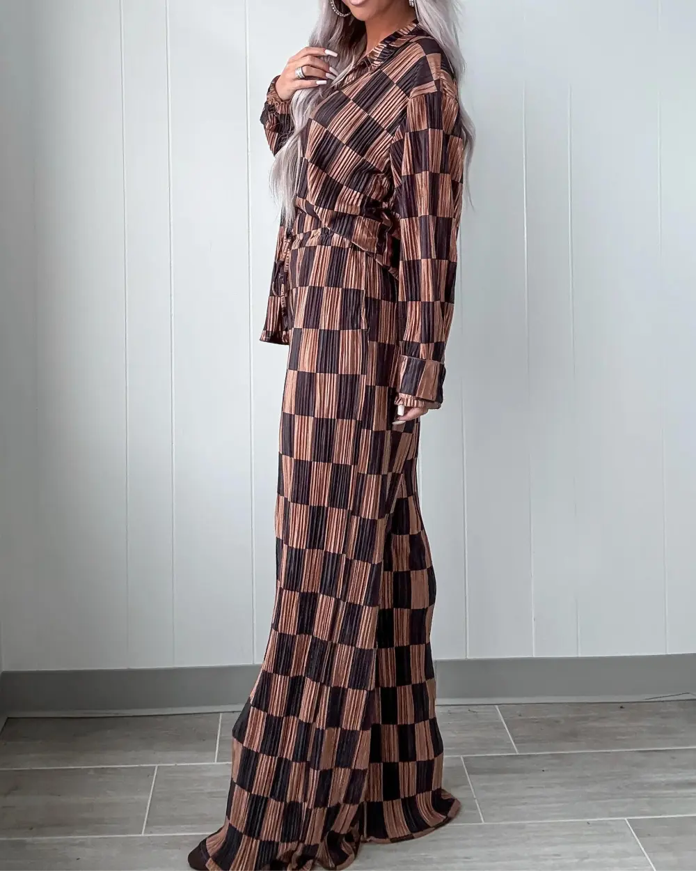 Pleated Checkered Pants Set - Taupe/Black
