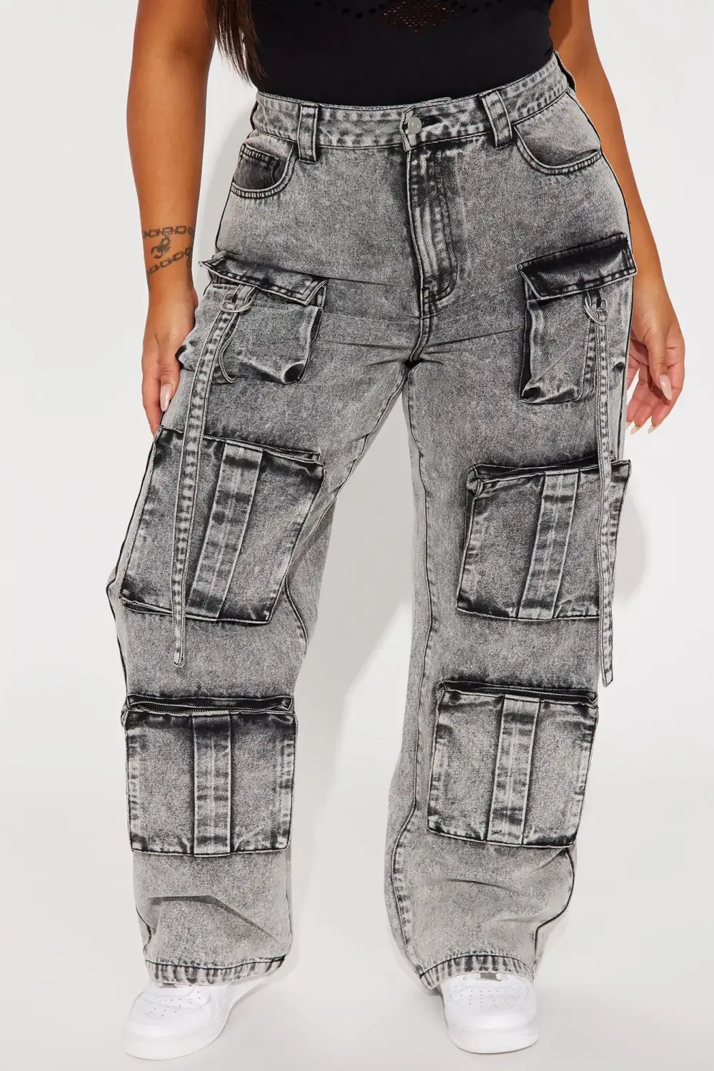 Somehow Somewhere Non Stretch Cargo Straight Leg Jeans - Acid Wash Grey