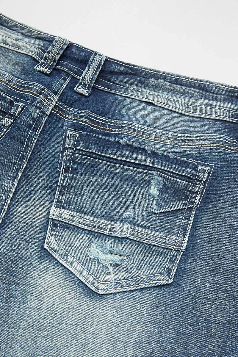 Wash Stretchy Ripped Detail Mid Waist Flare Jeans
