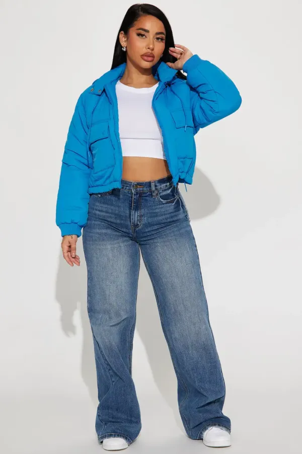 Giving You The Cold Shoulder Puffer Jacket - Aqua