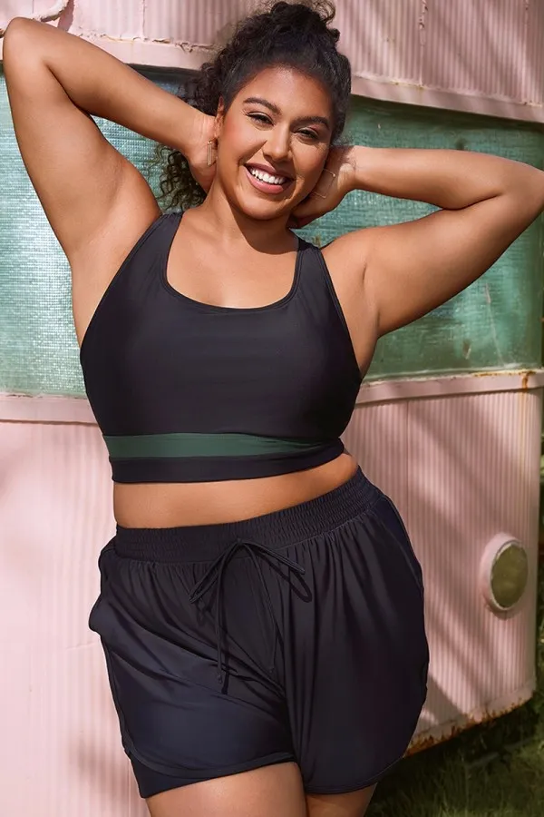 Plus Size Round Neck Green Patchwork Bikini Top