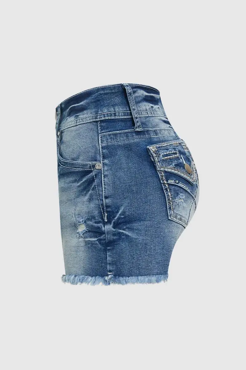 Ripped Raw Hem Rhinestone Detail Mid Waist Denim Shorts