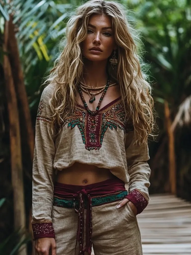 Vintage Tribal Ethnic Style Embroidered Linen V-neck Shirt