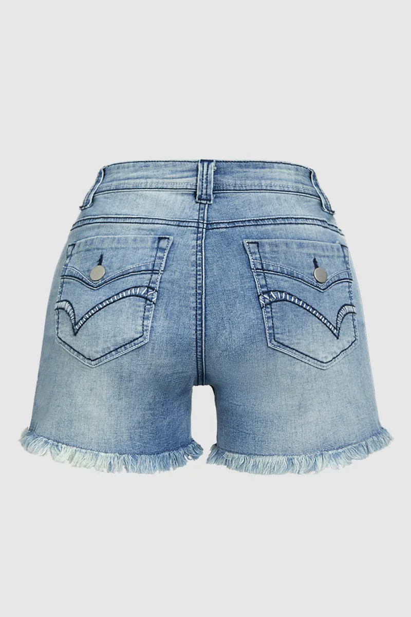 Raw Hem Stitch Detail Mid Waist Denim Shorts