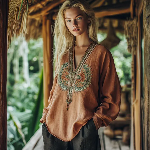 Vintage Pomace Embroidered Linen V-neck Long Sleeve T-shirt