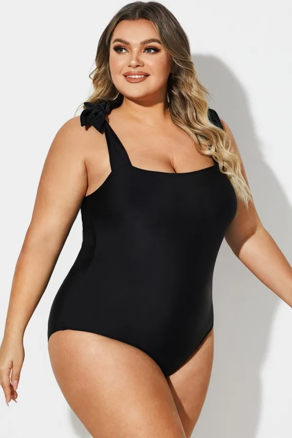 Black Square Adjustable Tie One Piece Swimsuit