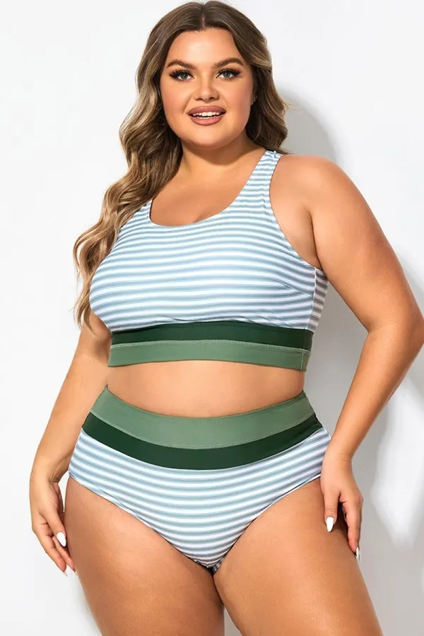 Plus Size Round Neck Black Patchwork Bikini Top
