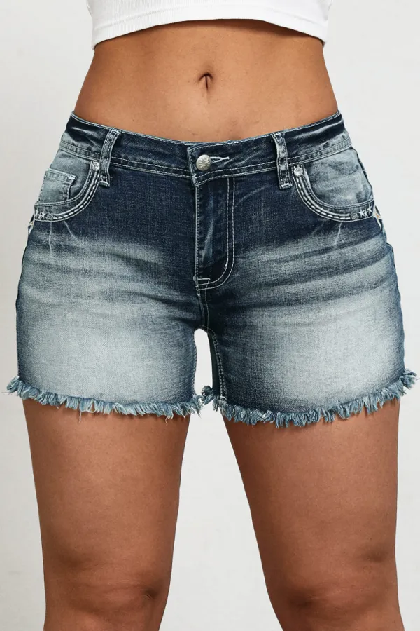 Star Embroidery Stitch Detail Mid Waist Denim Shorts