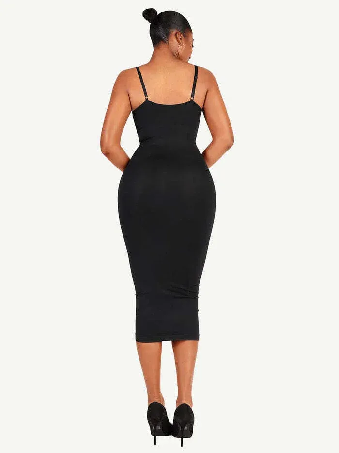Seamless Spaghetti Strap V Neck Maxi Dress with Built-in Bodycon