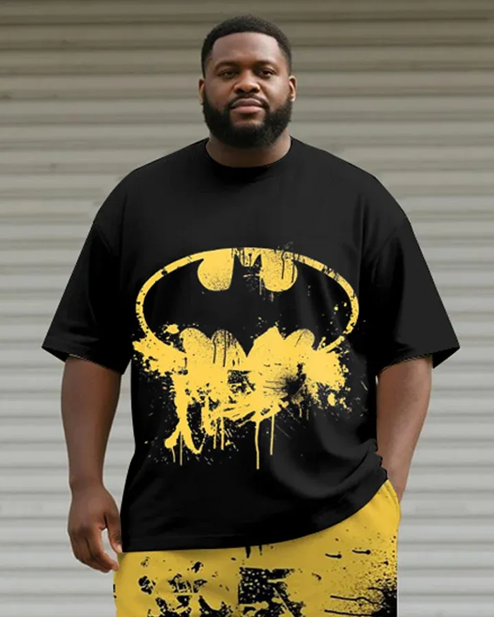Big Tall Men'S Yellow Graffiti Teeth Print Round Neck Short Sleeve T-Shirt Shorts Suit