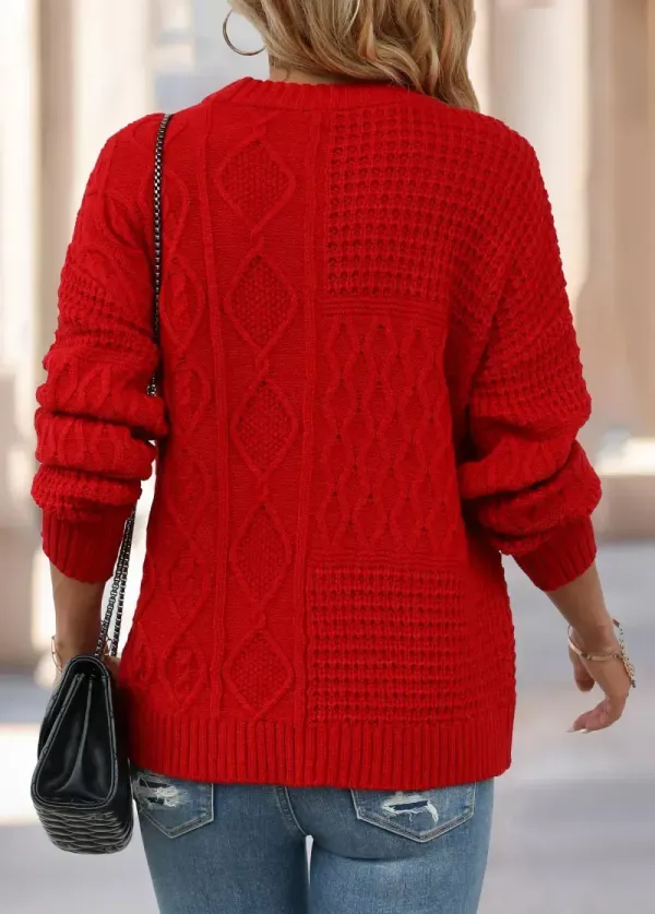 Red Weave Long Sleeve Round Neck Sweater