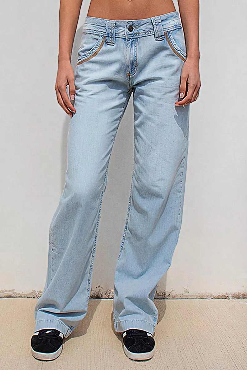Stitch Detail Stretchy Low Waist Straight Leg Jeans