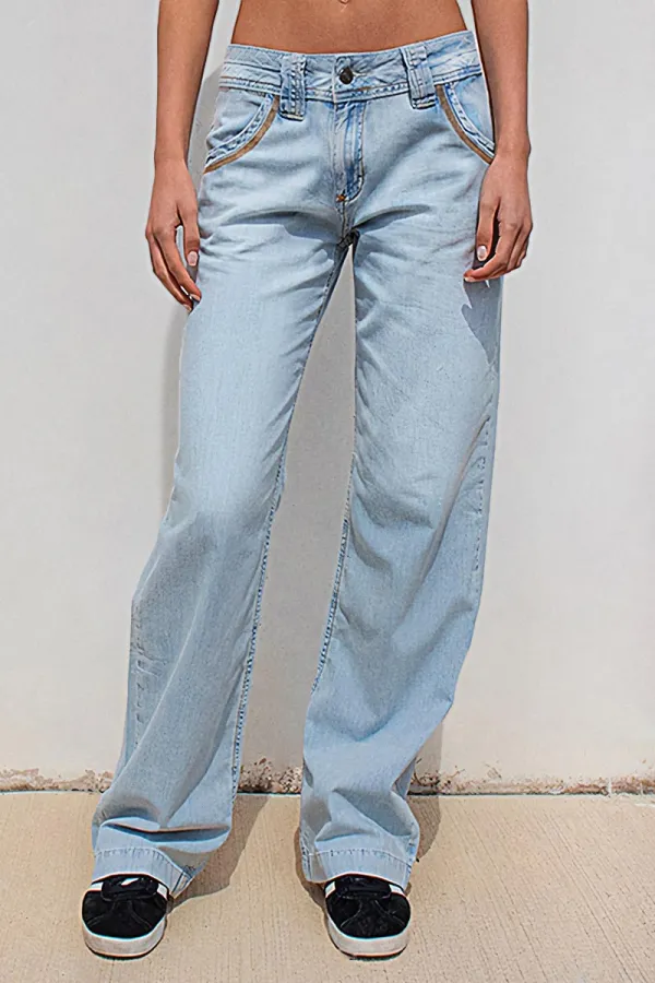 Stitch Detail Stretchy Low Waist Straight Leg Jeans