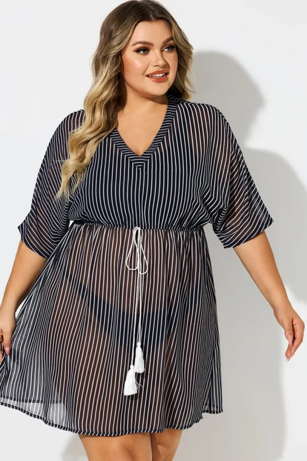 Plus Size Striped Tassel Tie Front Cover Up