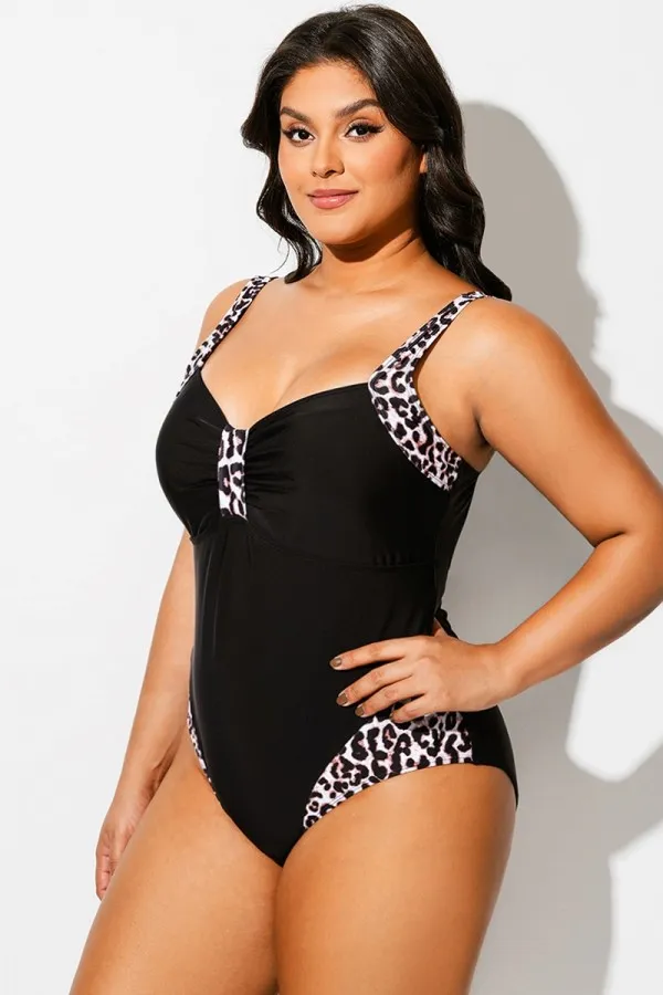 Black Leopard Print V-Neck One Piece Swimsuit