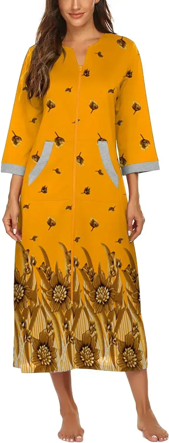 Women Zipper Robe 3/4 Sleeves Loungewear Dress Full Length Sleepwear Pockets Housecoat Nightgown Long Bathrobe