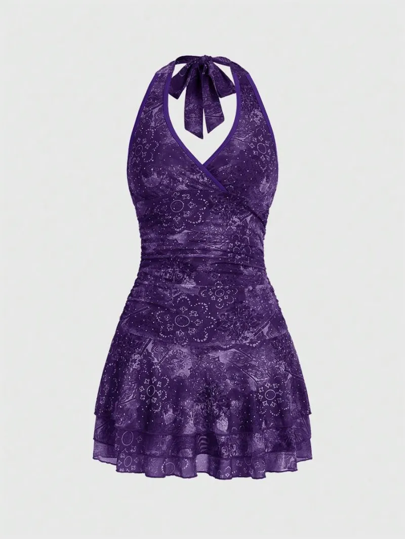 Fairycore Women Halter Lace Hem Neck Tie Dress