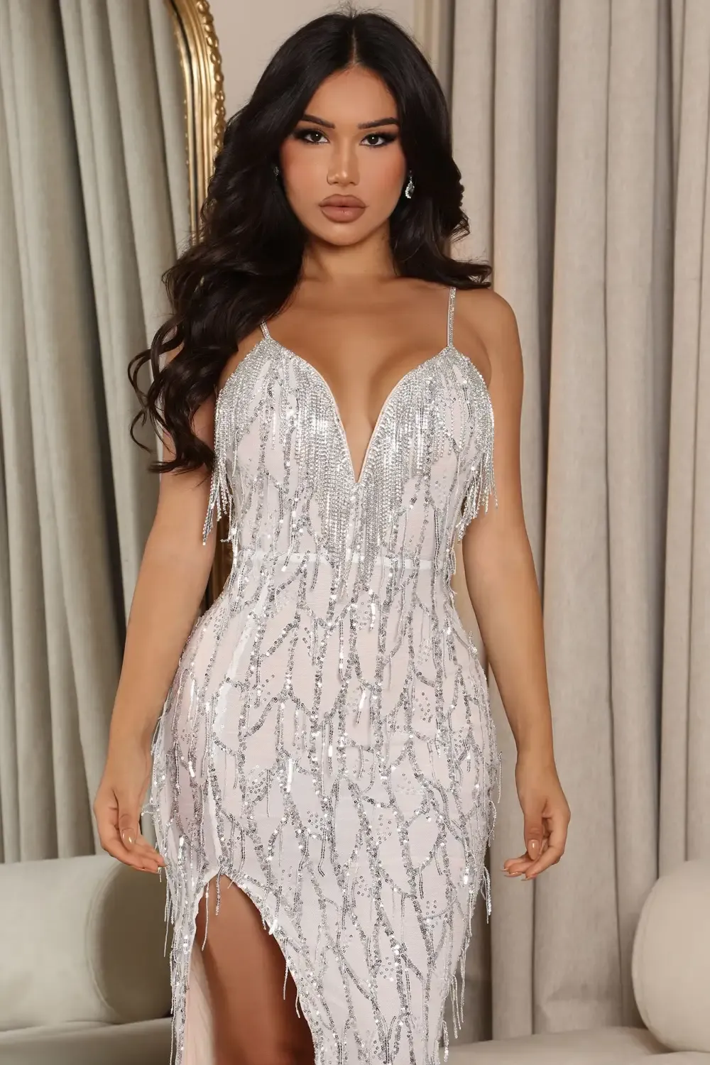 Millionaire Heiress Embellished Maxi Dress - Silver
