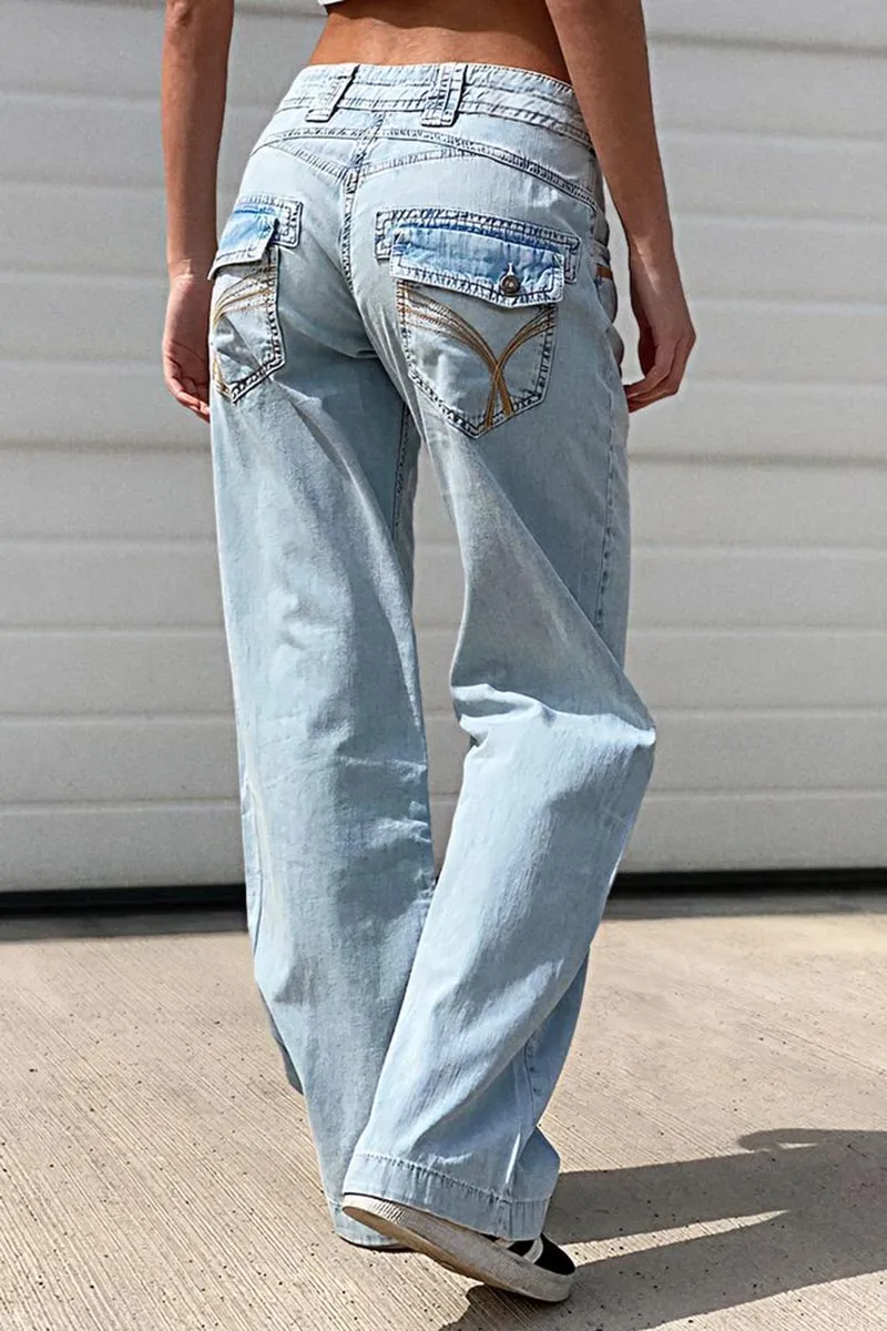 Stitch Detail Stretchy Low Waist Straight Leg Jeans