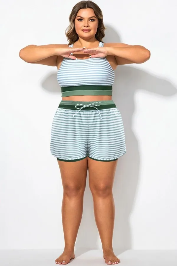 Plus Size Green Striped Mid Waist Women Shorts