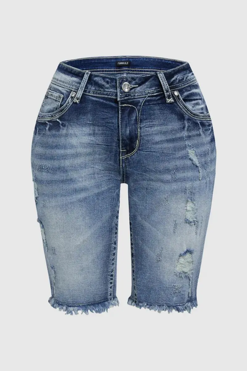 Ripped Raw Hem Mid Waist Denim Mid Thigh Shorts